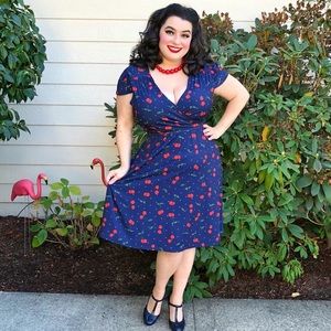 Lindy Bop Navy Blue Dress with Cherries Cherry NWT